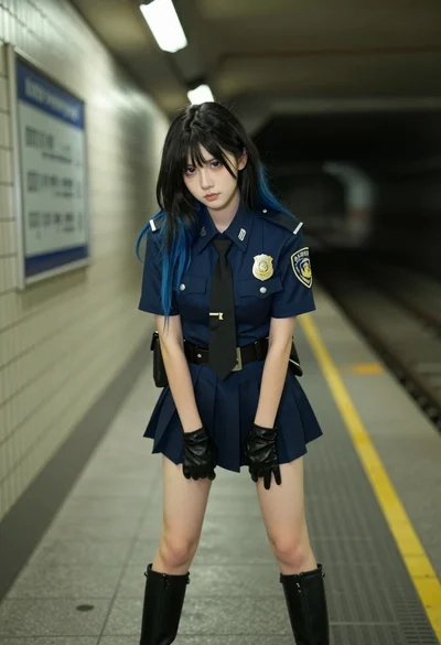 Young woman in police uniform standing in a subway tunnel under fluorescent