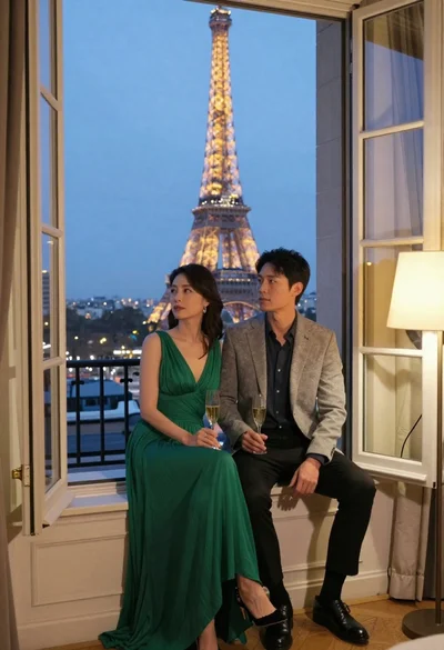 Romantic couple in formal wear watching the eiffel tower at dusk