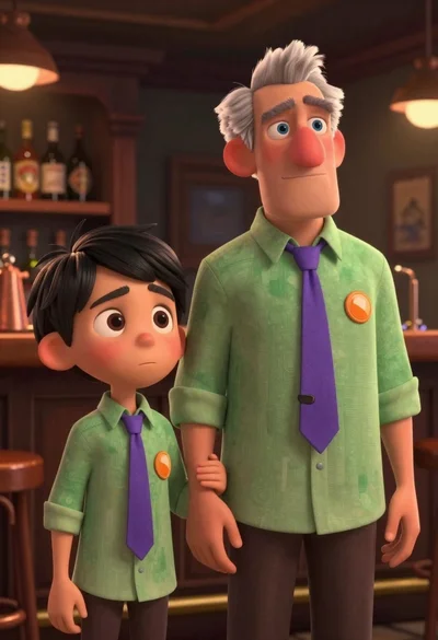 Young animated boy and older man in matching green shirts inside a