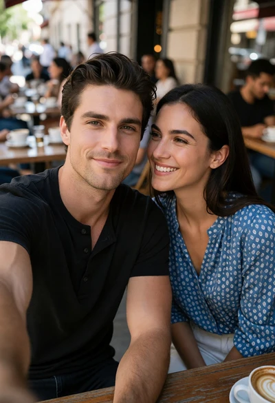 Couple taking a selfie at an outdoor cafe table during bright daylight