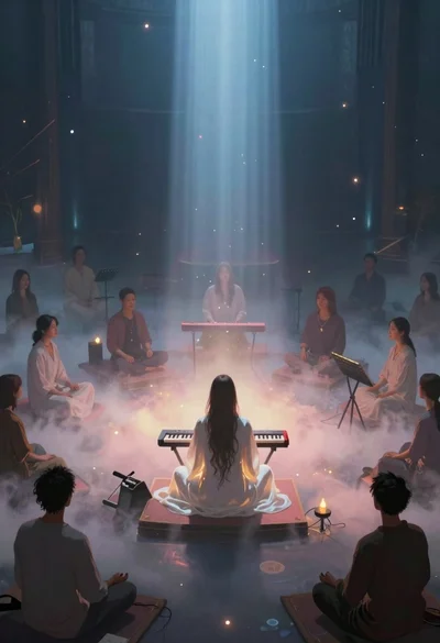 Meditating musician performing in a foggy sanctuary