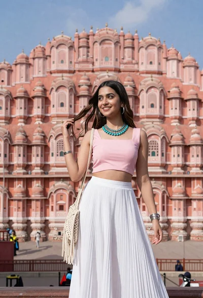 Smiling young woman in pink top and white skirt before sandstone palace