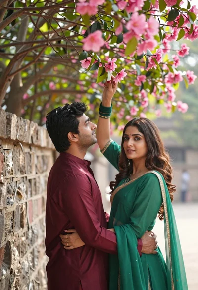 Indian couple embracing under a flowering tree with pink blossoms