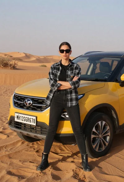 Confident woman standing in front of a yellow suv on sand dunes