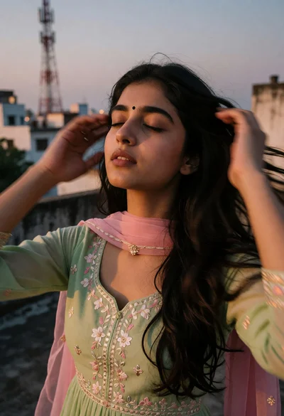 Young woman in green dress on rooftop at dusk with city background