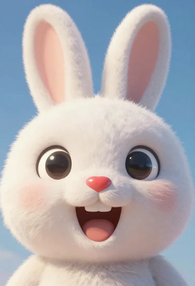 Cartoon bunny head portrait with large black eyes