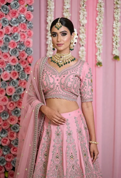 Young indian woman in pink bridal lehenga standing before floral backdrop
