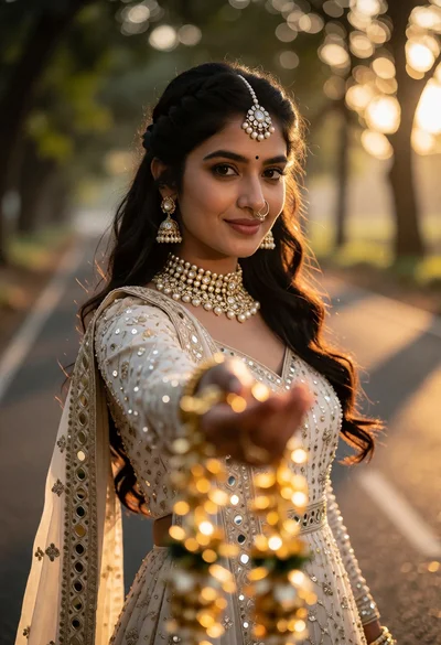 Young woman in traditional indian attire offering golden garland on treelined road