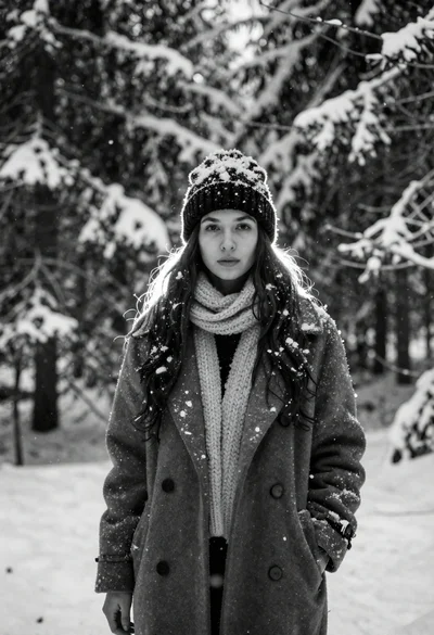 Black and white portrait of young woman in wool coat standing in