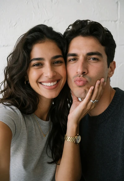 Close up selfie portrait of a smiling woman holding mans face