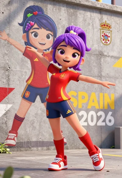 Dynamic 3d animated girl in spanish soccer uniform against urban mural