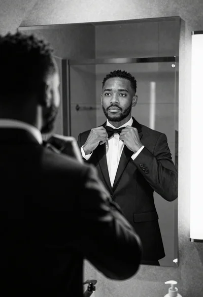 Black and white photograph of man adjusting bow tie in modern bathroom
