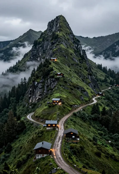 Winding dirt road ascending steep green mountain ridge with glowing wooden cabins
