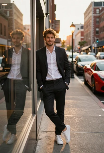 Stylish man leaning on storefront glass during golden hour