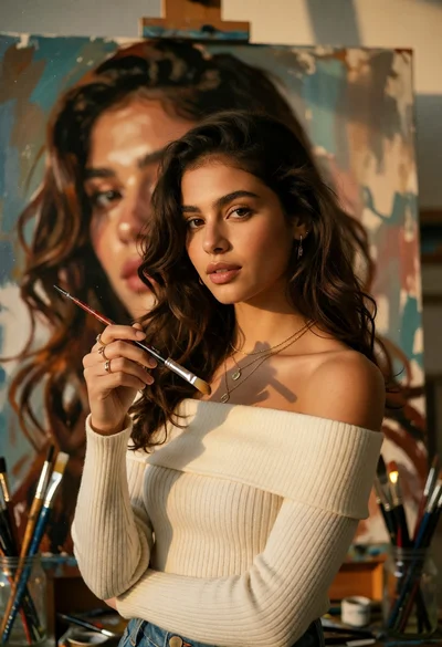Young woman in art studio holding paintbrush near large selfportrait painting