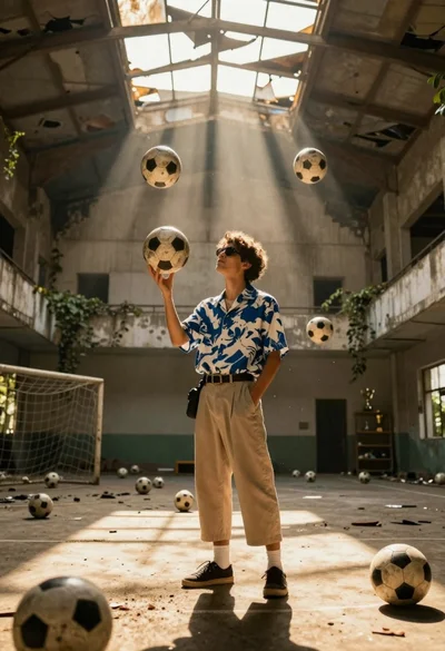 Young man in graphic shirt stands in abandoned indoor soccer arena holding