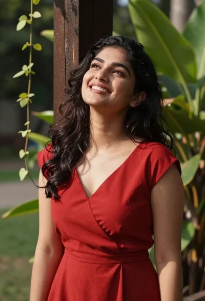 Smiling woman in red dress leaning against post in lush garden setting