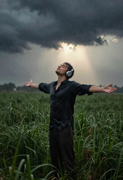 Young man with headphones standing in rainy field with arms outstretched