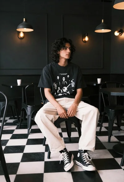 Young man with dark wavy hair sitting in dimly lit cafe interior