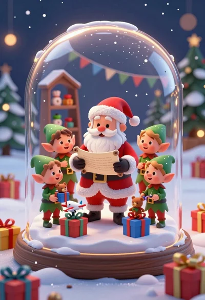 Santa claus and six elves in a festive snow globe setting