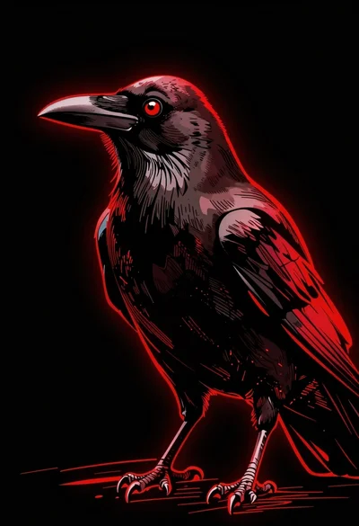 Stylized illustration of a glowing red raven against a solid black background