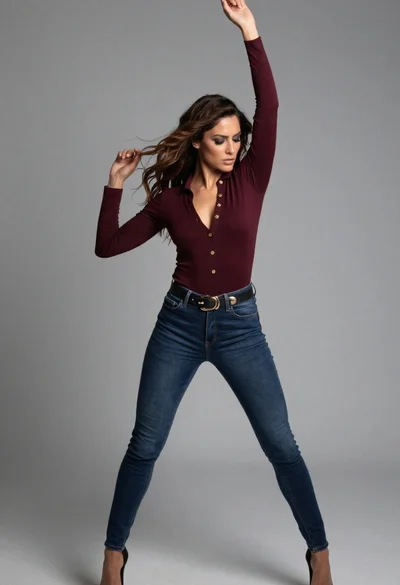 Full body shot of woman posing against plain grey studio background