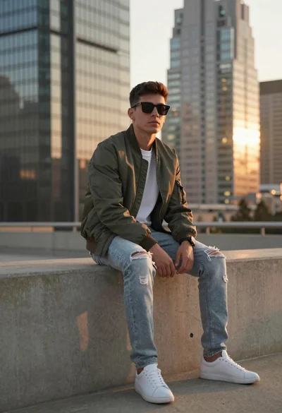 Young man sitting on ledge in modern cityscape at golden hour