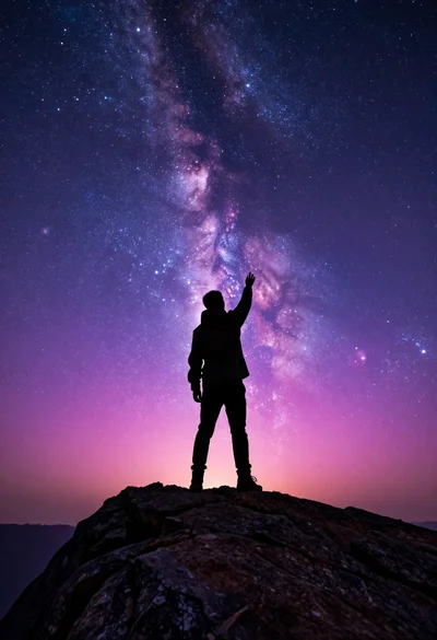 Solitary figure silhouetted on rocks reaching towards vibrant starry cosmic sky