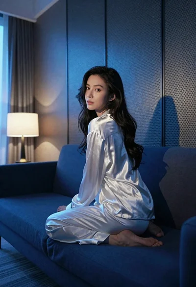 Woman in silk pajamas seated on blue sofa indoors with dramatic lighting