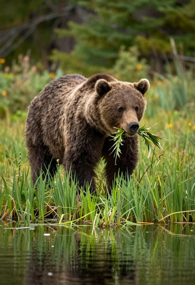 Large brown bear walking through tall green grass near reflective water surface