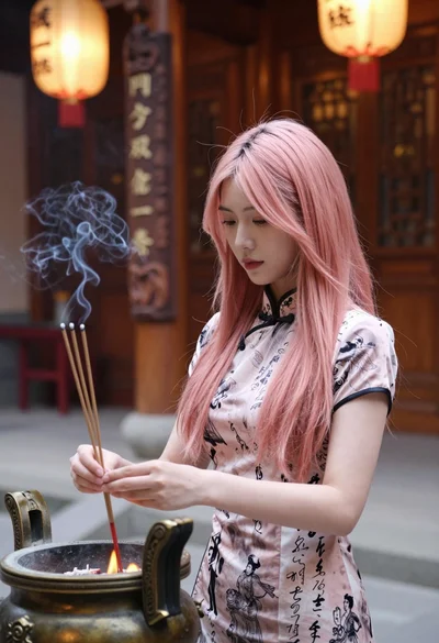 Young woman in cheongsam holding incense sticks in a warm temple setting