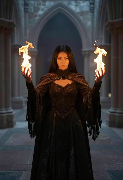 Woman conjuring flames in gothic cathedral interior