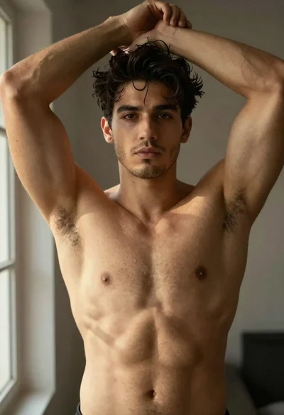 Muscular man posing indoors with soft window light