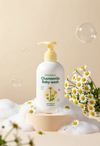 White pump bottle of organic chamomile baby wash on beige pedestal