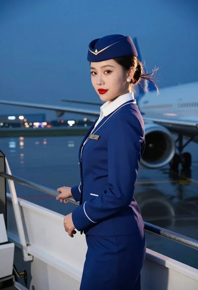 Flight attendant on stairs at dusk in front of airplane