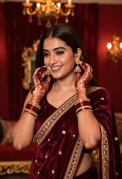 Smiling woman in maroon velvet saree touching gold earring indoors