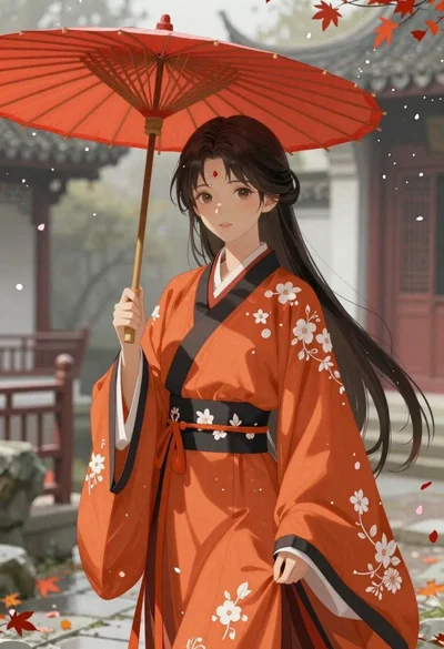 Anime portrait woman in chinese dress with red umbrella