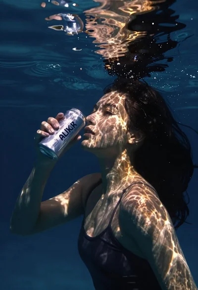 Woman underwater holding a beverage can near the surface looking up