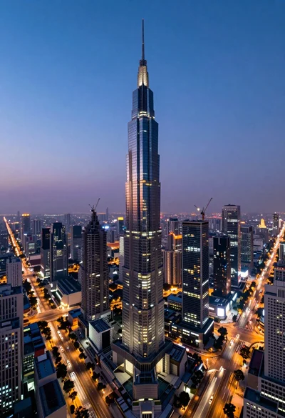 Panoramic view of futuristic metropolis dominated by tall spiraling skyscraper at dusk