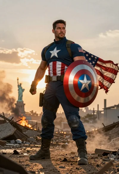 Muscular man in tactical suit holding shield on devastated battlefield at sunset