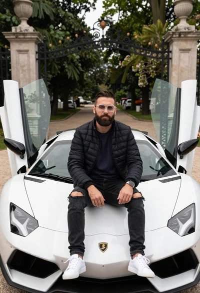 Bearded man sitting on white sports car at estate gate
