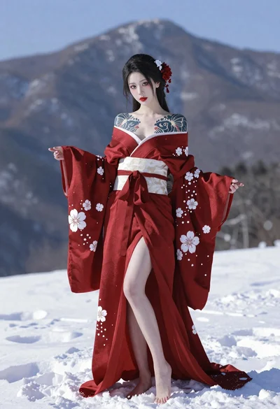 East asian woman in kimono standing in snowy mountains