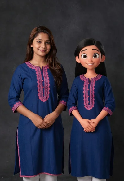 Young woman in blue traditional outfit standing next to her animated 3d