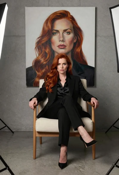 Woman in black suit sitting in armchair with large portrait on wall