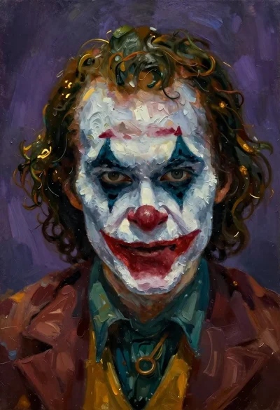 Oil painting portrait of menacing clown with intense gaze