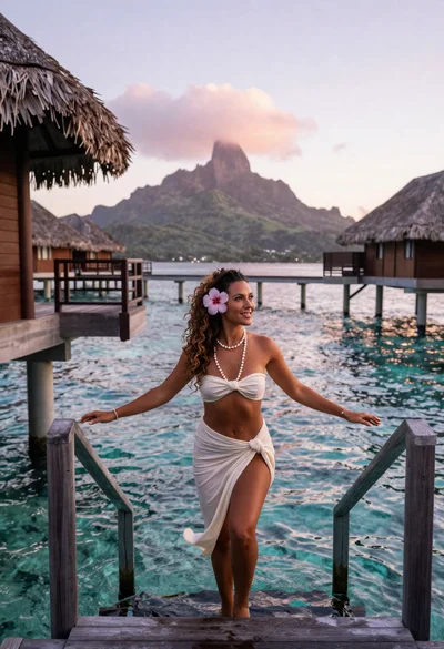 Polynesian woman emerging from overwater bungalow at dawn in bora bora