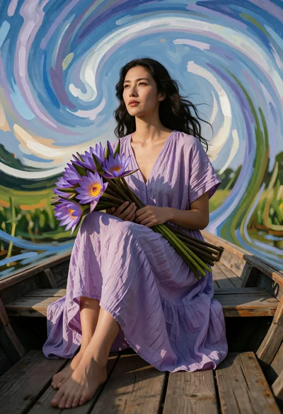 Woman on wooden boat holding purple lilies against swirling blue green background