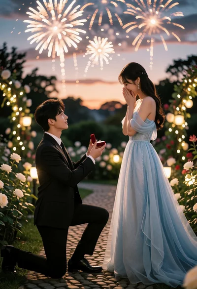 Romantic proposal scene in lush garden at twilight with exploding fireworks