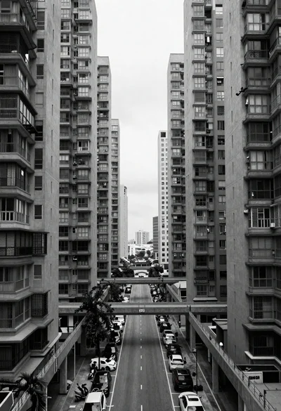 Black and white view of dense urban canyon architecture
