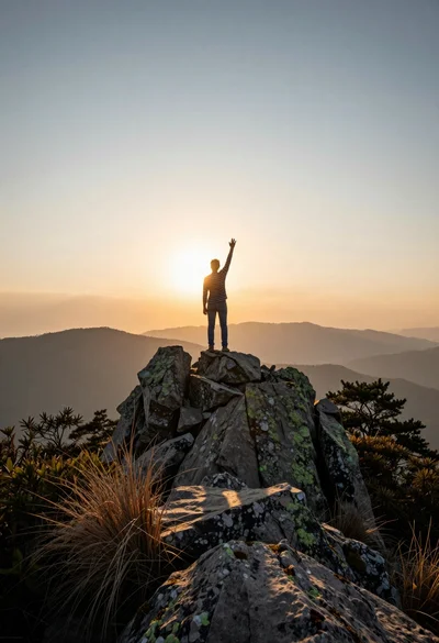 Solitary figure standing triumphantly on rugged mountain peak at golden sunset